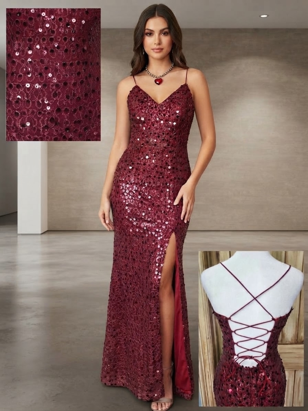 Maniju Burgundy Sequin Lace-Up Open Back Maxi Dress Size M Formal Gown